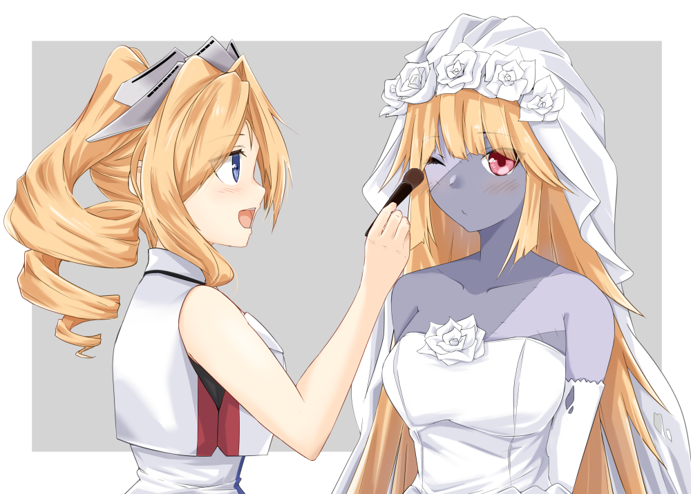 2girls blonde_hair blue_eyes blush border brooklyn_(kancolle) colored_skin dress drill_hair elbow_gloves gloves honolulu_(kancolle) kantai_collection long_hair makinoki military military_uniform multiple_girls open_mouth patchwork_skin red_eyes smile twin_drills twintails uniform upper_body white_border white_dress white_gloves zombification