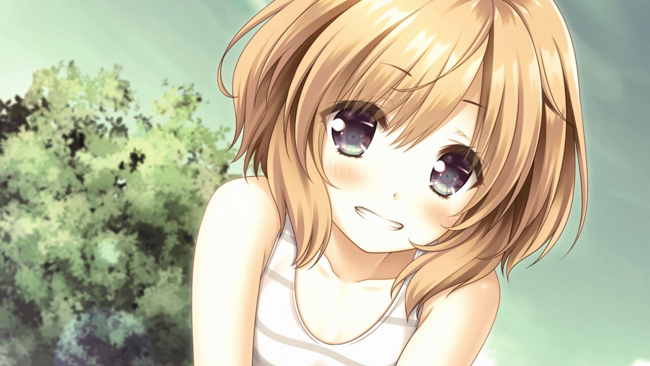 1girl aged_down bangs blonde_hair blue_eyes blush collarbone day female_child game_cg grin hair_between_eyes iwanuma_rin long_hair looking_at_viewer moekibara_fumitake outdoors shiny shiny_hair shirt sleeveless sleeveless_shirt smile solo straight_hair striped striped_shirt white_shirt yumahorome_~toki_wo_tometa_yakata_de_asu_wo_sagasu_maigo-tachi~