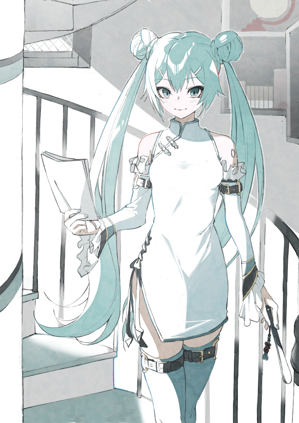 1girl aqua_eyes aqua_hair arm_belt bangs bare_shoulders blue_eyes breasts china_dress chinese_clothes cowboy_shot detached_sleeves double_bun dress folded_fan folding_fan frilled_sleeves frills grey_thighhighs hair_bun hair_ornament hairclip hand_fan hand_up hatsune_miku highres holding holding_fan holding_paper leg_belt long_hair looking_at_viewer paper railing short_dress side-tie_dress smile solo spiral_staircase stairs suzukou thigh-highs toggles twintails very_long_hair vocaloid white_dress
