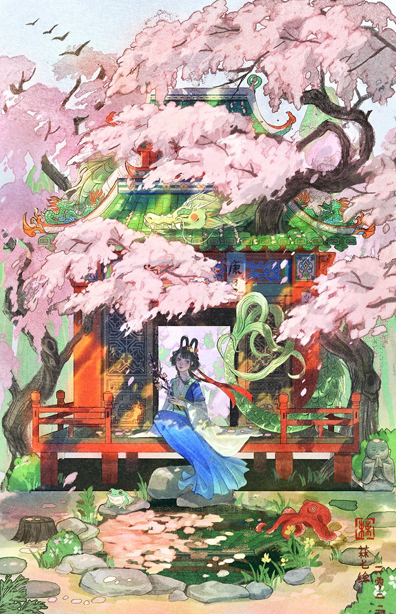 1girl animal architecture bangs black_hair blue_robe branch cherry_blossoms chinese_clothes day dragon east_asian_architecture eastern_dragon flower frog garden grass hair_flower hair_ornament hair_rings hanfu highres holding holding_branch jizou lattice long_sleeves magic_iris nature octopus on_floor open_door original outdoors pond railing red_ribbon reflection reflective_water ribbon robe rock sash scenery shrine sitting spring_(season) statue tree tree_stump veranda wide_sleeves wind wooden_floor