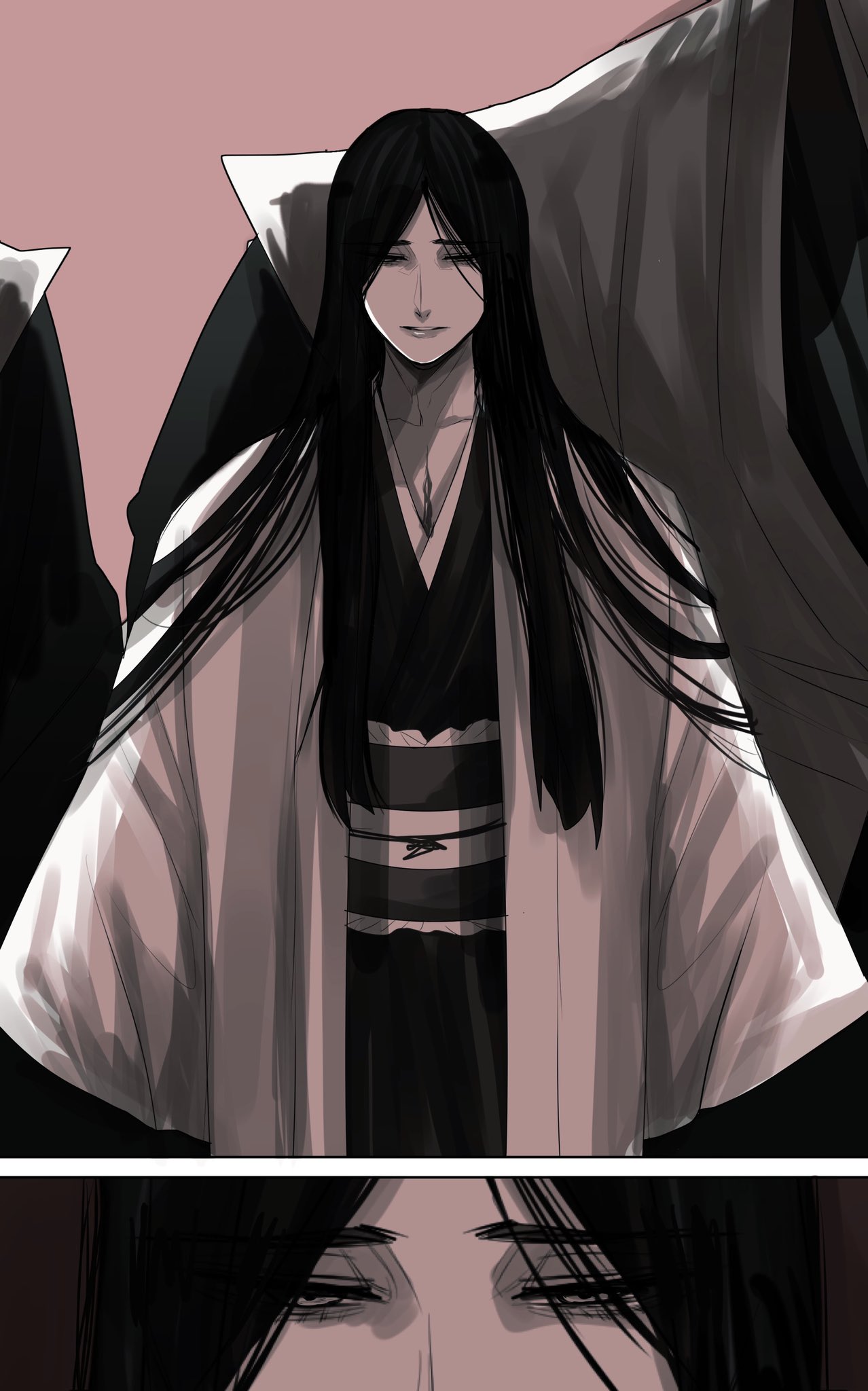 1girl bangs black_hair bleach bleach:_the_thousand-year_blood_war blue_eyes breasts haori highres hoshi_san_3 japanese_clothes large_breasts long_hair long_sleeves looking_at_viewer mole mole_under_mouth simple_background taichou_haori unohana_retsu weapon