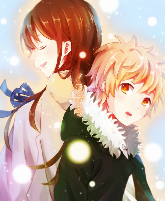 1boy 1girl blonde_hair blue_ribbon brown_hair closed_eyes couple iki_hiyori jacket leaning_back noragami orange_eyes ribbon simple_background snow yukine_(noragami) yukinoyukino