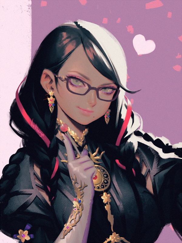 1girl bayonetta bayonetta_(series) bayonetta_3 bellhenge black_hair braid earrings eyeshadow glasses gloves gun jewelry lipstick long_hair looking_at_viewer makeup mole mole_under_mouth multicolored_hair redhead ribbon simple_background smile solo streaked_hair twin_braids weapon