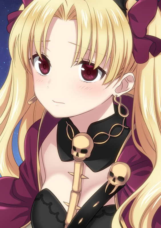 1girl bangs blonde_hair blush bow breasts cape closed_mouth commentary_request detached_collar earrings ereshkigal_(fate) fate/grand_order fate_(series) gold_trim hair_bow irino jewelry long_hair looking_at_viewer parted_bangs red_bow red_cape red_eyes skull small_breasts solo spine two_side_up upper_body