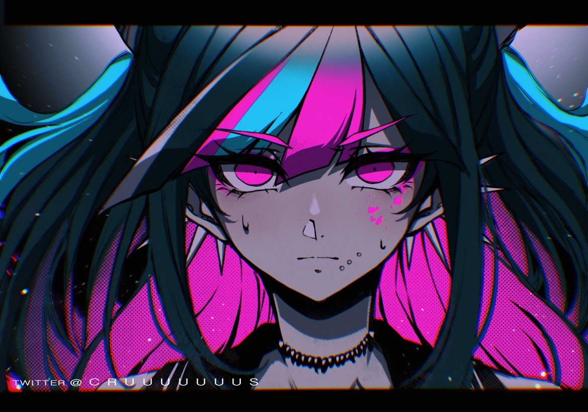 1girl artist_name bangs black_hair black_sailor_collar blood blood_on_face closed_mouth criis-chan danganronpa_(series) danganronpa_2:_goodbye_despair ear_piercing gradient gradient_background green_hair jewelry long_hair mioda_ibuki necklace piercing pink_blood pink_eyes pink_hair portrait sailor_collar solo sweat white_hair