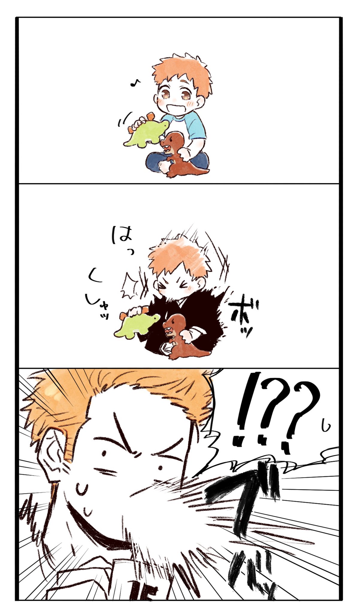 !? bleach bleach:_epilogue blush brown_eyes choko_egg epilogue father_and_son full_body happy highres japanese_clothes kurosaki_ichigo kurosaki_kazui long_sleeves male_focus multiple_boys open_mouth orange_hair playing shirt short_hair sneezing spit_take spitting stuffed_animal stuffed_dinosaur stuffed_toy