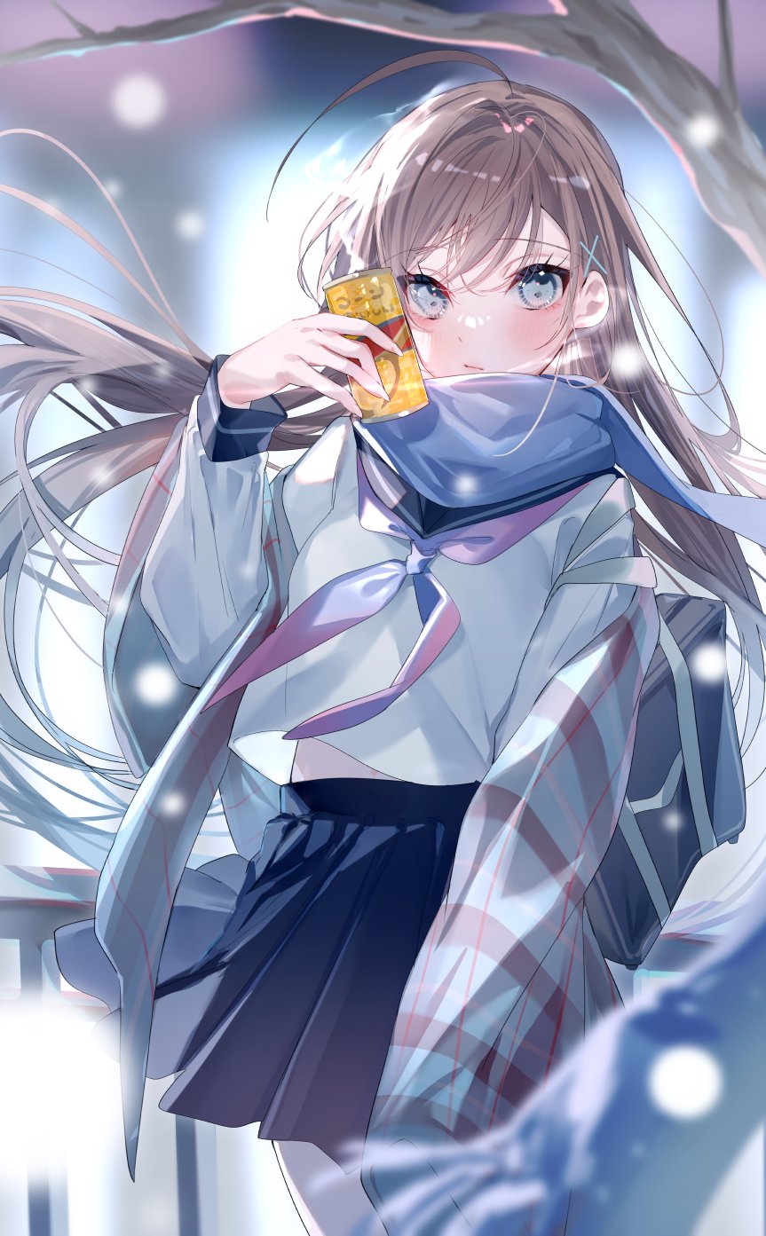 1girl ahoge bag bangs blue_scarf blue_skirt blurry blurry_background blurry_foreground blush bow branch can closed_mouth cowboy_shot depth_of_field grey_eyes highres holding holding_bag holding_can light_brown_hair long_hair long_sleeves looking_at_viewer miwano_rag original outdoors pleated_skirt purple_bow scarf school_uniform shirt skirt solo standing swept_bangs white_shirt