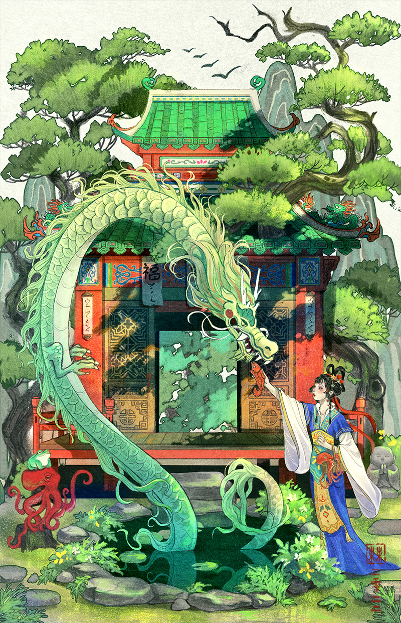 1girl animal architecture bangs basket bird black_hair blue_robe chinese_clothes commentary_request day dragon east_asian_architecture eastern_dragon eye_contact feeding fish flower frog garden giving hair_flower hair_ornament hair_rings hanfu highres holding holding_animal jizou lattice long_sleeves looking_at_another magic_iris mountainous_horizon nature octopus open_door original outdoors partially_submerged pond railing red_ribbon ribbon robe rock sash scenery shrine standing statue summer tassel tree veranda wide_sleeves wooden_floor