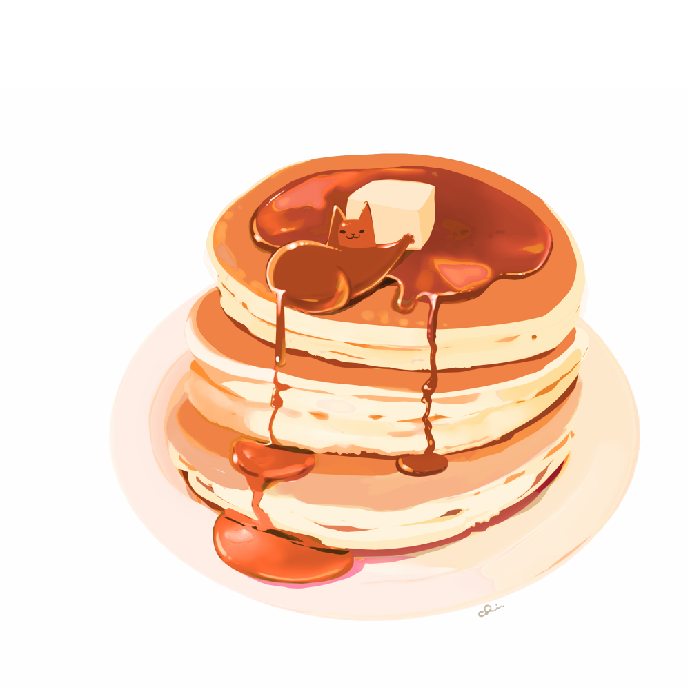 butter cat chai_(drawingchisanne) food food-themed_creature food_focus looking_at_viewer no_humans on_food original pancake pancake_stack plate sitting_on_food syrup undersized_animal