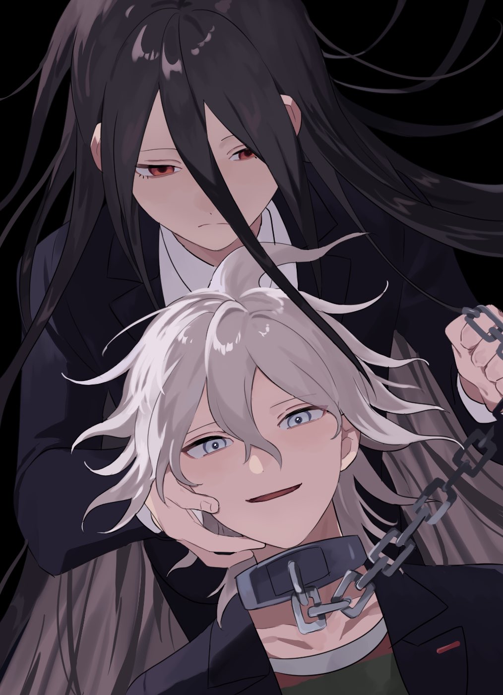 2boys :d bangs black_hair black_jacket chain chained collar collarbone collared_shirt danganronpa_(series) danganronpa_another_episode:_ultra_despair_girls frown grey_eyes grey_hair highres holding holding_chain jacket kamukura_izuru komaeda_nagito long_hair looking_at_another male_focus me1j1 messy_hair metal_collar multiple_boys open_clothes open_jacket red_eyes servant_(danganronpa) shiny shiny_hair shirt smile very_long_hair white_shirt