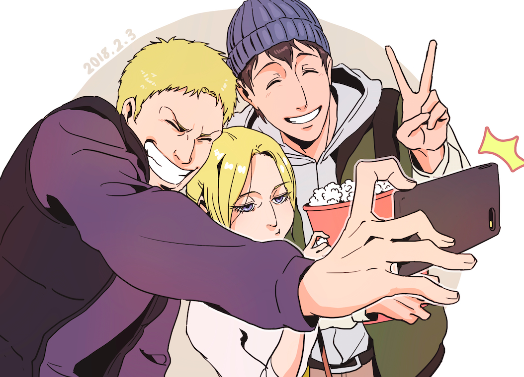 1girl 2boys annie_leonhardt bangs beanie bertolt_hoover black_hair blonde_hair blue_eyes cellphone closed_eyes contemporary dated food hat hood hoodie multiple_boys phone popcorn reiner_braun selfie shingeki_no_kyojin simple_background smile tbhoudai teeth v