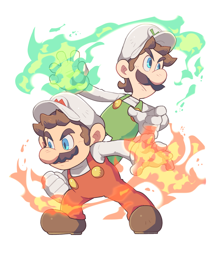 2boys blue_eyes brothers brown_footwear brown_hair buttons closed_mouth fire fire_luigi fire_mario full_body gloves green_fire green_pants hat hoshikuzu_pan long_sleeves looking_away luigi male_focus mario multiple_boys overalls pants pyrokinesis red_pants serious shirt shoes short_hair siblings simple_background standing super_mario_bros. v-shaped_eyebrows white_background white_gloves white_headwear white_shirt