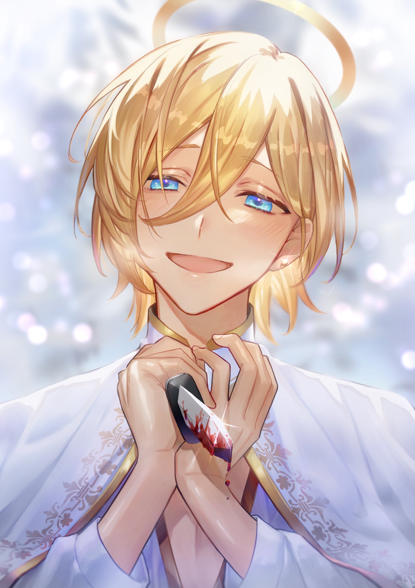 1boy 55mot0 :d bangs bishounen blonde_hair blood blood_on_weapon blue_eyes blurry blurry_background blush capelet commentary_request dagger earrings ensemble_stars! eyelashes glint gold_trim hair_between_eyes halo hands_up highres holding holding_dagger holding_weapon jewelry knife lens_flare long_sleeves looking_at_viewer male_focus open_mouth shiny shiny_hair shirt sidelocks smile solo tenshouin_eichi upper_body weapon white_capelet white_shirt