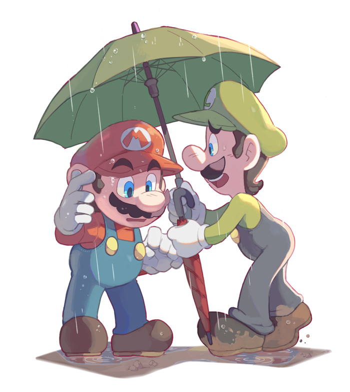 2boys blue_eyes blue_pants brothers brown_footwear brown_hair buttons closed_umbrella facial_hair full_body gloves green_headwear green_shirt green_umbrella hand_up hat holding holding_umbrella hoshikuzu_pan long_sleeves looking_at_another luigi male_focus mario mud multiple_boys mustache open_mouth overalls pants profile puddle rain raised_eyebrows red_headwear red_shirt red_umbrella shirt shoes short_hair siblings simple_background standing super_mario_bros. teeth umbrella upper_teeth white_background white_gloves