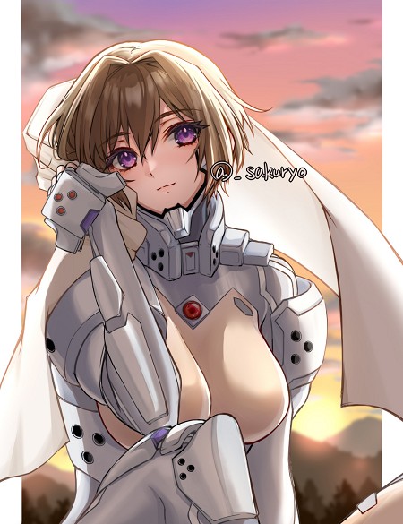 bodysuit brown_hair military military_uniform muvluv muvluv_alternative muvluv_total_eclipse sakurai_(skri_3527) smile sunset takamura_yui uniform violet_eyes