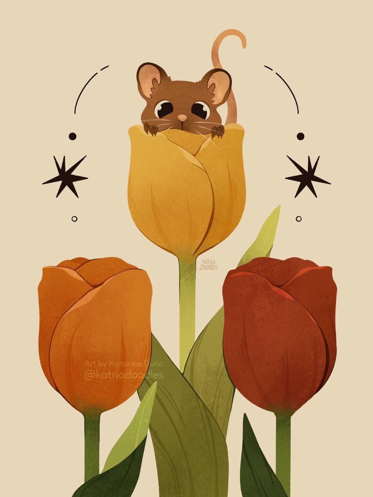 animal_focus black_eyes brown_fur covering_mouth english_commentary english_text flower katriadoodles leaf looking_at_viewer mouse no_humans orange_flower orange_tulip original red_flower red_tulip simple_background tulip twitter_username whiskers yellow_flower yellow_tulip