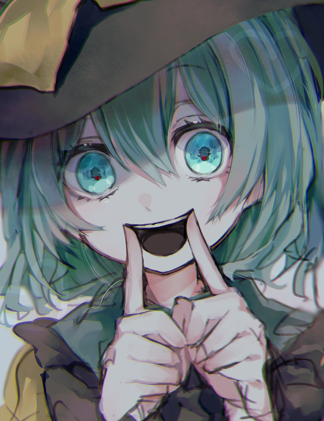 1girl :d black_headwear commentary fingers_to_mouth frilled_shirt_collar frills green_eyes green_hair hair_between_eyes hands_up hat hat_ribbon hayuk0 heart heart_in_eye highres komeiji_koishi looking_at_viewer medium_hair open_mouth portrait ribbon shirt smile solo symbol_in_eye teeth touhou upper_teeth yellow_ribbon yellow_shirt