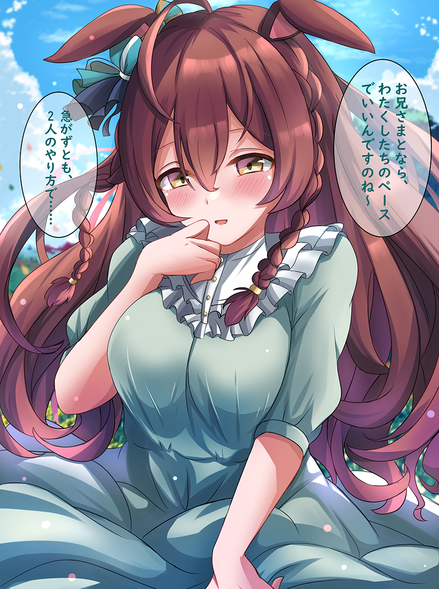 ahoge alternate_costume animal_ears blurry blurry_background braid breasts brown_hair clouds hair_between_eyes hair_ornament highres horse_ears horse_girl horse_tail liukensama long_hair looking_at_viewer medium_breasts mejiro_bright_(umamusume) open_mouth sky smile tail translation_request umamusume yellow_eyes