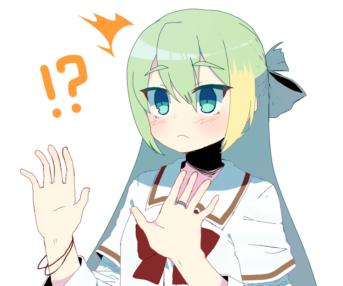 !? 1girl alina_gray amane_hikari aqua_eyes blunt_ends bow bowtie closed_mouth green_hair hair_between_eyes layered_sleeves long_sleeves loose_bowtie magia_record:_mahou_shoujo_madoka_magica_gaiden mahou_shoujo_madoka_magica multicolored_hair red_bow red_bowtie sakae_general_school_uniform school_uniform shirt short_over_long_sleeves short_sleeves sidelocks simple_background sleeve_cuffs sleeves_rolled_up solo straight_hair streaked_hair surprised white_background white_shirt wing_collar