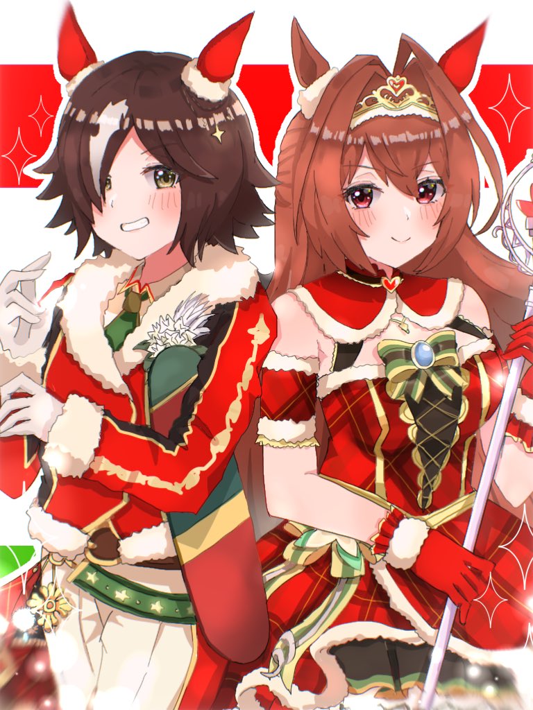 2girls ahoge animal_ears blush breasts brown_hair commentary daiwa_scarlet_(scarlet_nuit_etoile)_(umamusume) daiwa_scarlet_(umamusume) dress ear_covers fur-trimmed_gloves fur-trimmed_jacket fur-trimmed_sleeves fur_trim gloves hair_down hair_intakes hair_over_one_eye horse_ears horse_girl illuminate_the_heart_(umamusume) jacket large_breasts long_hair looking_at_viewer mare_ma multicolored_hair multiple_girls official_alternate_costume official_alternate_hairstyle pants red_dress red_eyes red_gloves red_jacket single_ear_cover sleeveless sleeveless_dress smile streaked_hair tiara two-tone_hair umamusume very_long_hair vodka_(nonfreezing_aqua_vitae)_(umamusume) vodka_(umamusume) white_hair white_pants yellow_eyes