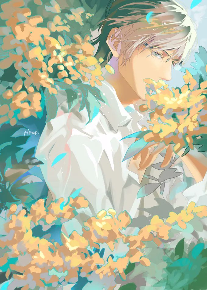 1boy artist_name blonde_hair collared_shirt covered_mouth final_fantasy final_fantasy_xv flower glasses grey_eyes hair_between_eyes hinoe_(dd_works) ignis_scientia long_sleeves male_focus nature outdoors shirt short_hair solo upper_body white_shirt yellow_flower