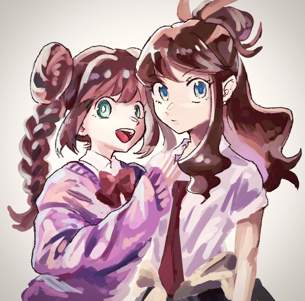 2girls :d alternate_costume alternate_hairstyle antenna_hair aqua_eyes bangs black_skirt blue_eyes bow bowtie braid bright_pupils brown_hair cardigan closed_mouth clothes_around_waist collared_shirt double_bun earrings eyelashes gradient gradient_background hair_bun hand_on_another's_chest hand_up hilda_(pokemon) jewelry katahara_(no_108105) long_sleeves looking_at_viewer multicolored_eyes multiple_girls necktie open_mouth pink_cardigan pokemon pokemon_(game) pokemon_bw pokemon_bw2 ponytail purple_pupils red_bow red_bowtie red_necktie rosa_(pokemon) shirt short_sleeves sidelocks skirt sleeves_past_wrists smile teeth twin_braids upper_teeth white_pupils white_shirt