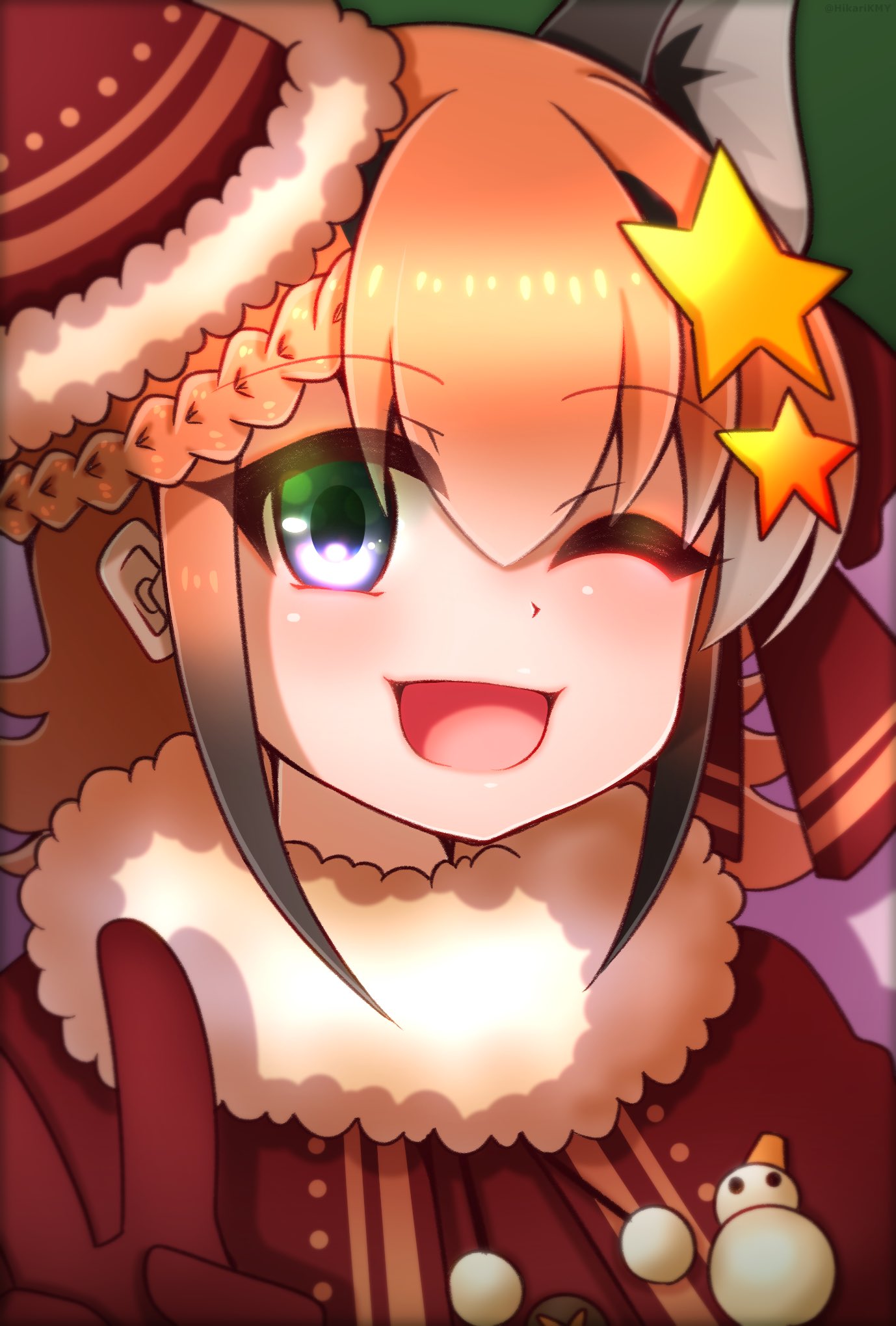 1girl animal_ear_fluff animal_ears blue_eyes cape caracal_(kemono_friends) caracal_ears christmas christmas_present extra_ears gift gloves hair_ornament hat highres hikarikmy kemono_friends kemono_friends_v_project long_hair looking_at_viewer multicolored_hair one_eye_closed open_mouth orange_hair santa_costume santa_hat simple_background smile snowman solo virtual_youtuber