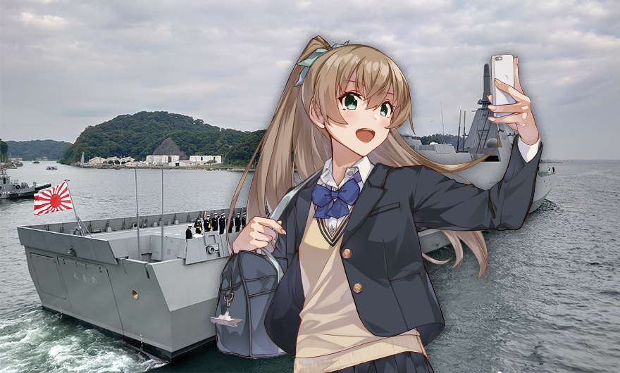 1girl bag bangs black_jacket black_skirt blazer blue_bow blue_bowtie blue_eyes bow bowtie buttons clouds cloudy_sky collared_shirt crossed_bangs flag green_ribbon hair_ribbon hill island jacket japan_maritime_self-defense_force japan_self-defense_force kantai_collection konishi_(koconatu) kumano_(jmsdf) kumano_(kancolle) lapels light_brown_hair long_hair long_sleeves military ocean official_alternate_costume official_art open_clothes open_jacket open_mouth photo_background pleated_skirt ponytail ribbon school_bag ship shirt shoulder_bag sidelocks skirt sky solo sweater upper_body watercraft waves white_shirt yellow_sweater