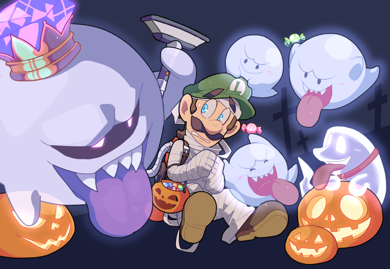1boy bandages blue_eyes boo_(mario) brown_footwear brown_hair candy cross crown facial_hair food full_body gem ghost glowing glowing_eyes green_headwear halloween halloween_bucket halloween_costume hands_up hat holding holding_candy holding_food hoshikuzu_pan jack-o'-lantern king_boo looking_at_another luigi luigi's_mansion luigi's_mansion_3 mummy_costume mustache open_mouth poltergust_g-00 polterpup pumpkin raised_eyebrows scared sharp_teeth shoes short_hair smile super_mario_bros. sweatdrop teeth tombstone tongue tongue_out vacuum_cleaner