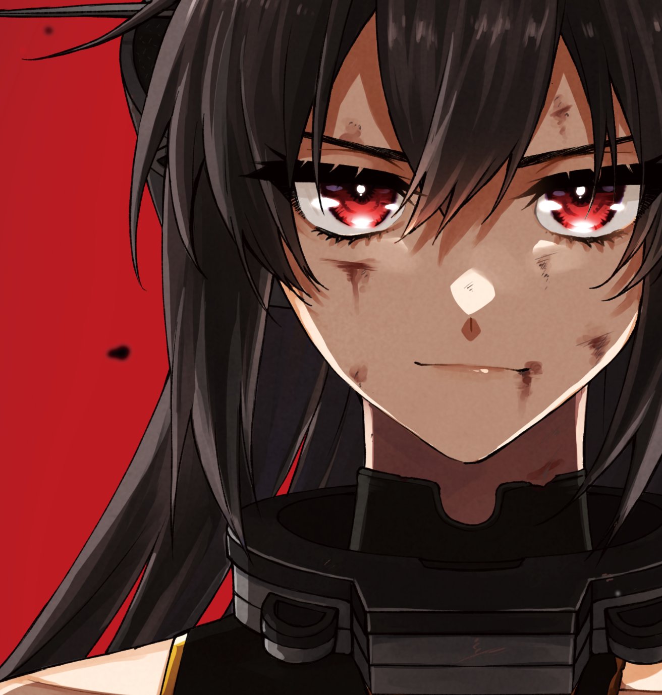 1girl bangs black_hair blood blood_on_face closed_mouth commentary_request dirty dirty_face eyelashes hair_between_eyes headgear highres kantai_collection long_hair looking_at_viewer machi_(ritovoyage) nagato_(kancolle) portrait red_background red_eyes simple_background solo