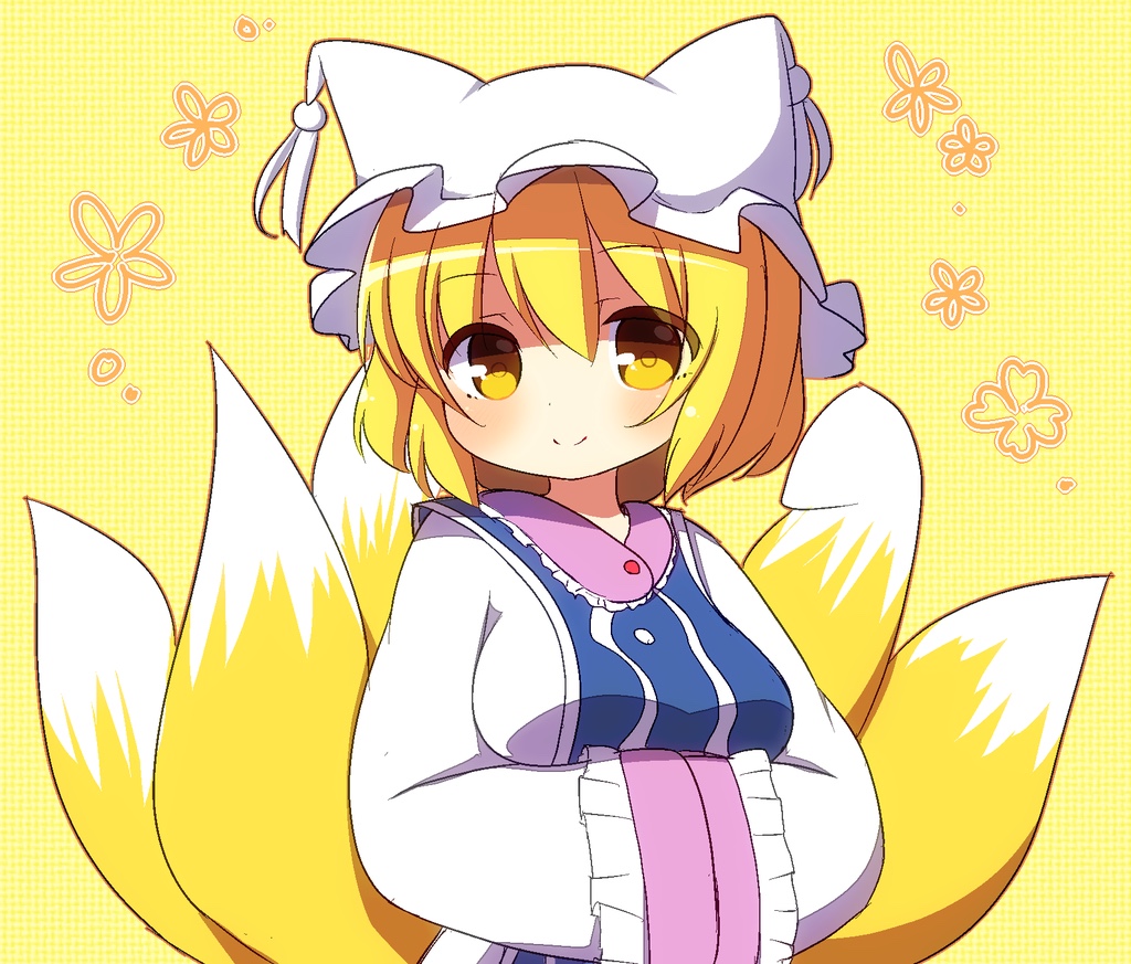 1girl animal_ears bangs blonde_hair brown_eyes commentary_request dress floral_background fox_ears fox_tail frilled_sleeves frills hair_between_eyes hands_in_opposite_sleeves hat kitsune long_sleeves looking_at_viewer pillow_hat rensei solo tabard tail touhou upper_body white_dress white_headwear wide_sleeves yakumo_ran