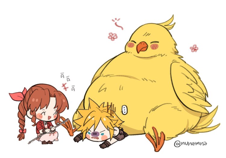 ... 1boy 1girl aerith_gainsborough armor bangs bird blonde_hair blue_eyes blush braid braided_ponytail brown_gloves chibi chocobo closed_eyes cloud_strife dress fat_chocobo final_fantasy final_fantasy_vii final_fantasy_vii_remake gloves hair_ribbon holding holding_staff jacket long_hair lying nunamna on_stomach open_mouth parted_bangs pink_dress pink_ribbon red_jacket ribbon short_hair short_sleeves shoulder_armor sidelocks sitting sitting_on_person smile spiky_hair squatting staff twitter_username wavy_mouth white_background