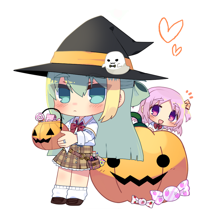 2girls alina_gray amane_hikari aqua_eyes bangs blunt_ends blush bow bowtie brown_footwear brown_skirt buttons candy chibi food ghost green_hair hair_between_eyes hair_ornament hair_ribbon halloween_bucket hat holding layered_sleeves loafers long_hair long_sleeves loose_bowtie loose_socks magia_record:_mahou_shoujo_madoka_magica_gaiden mahou_shoujo_madoka_magica medium_hair miniskirt misono_karin multicolored_hair multiple_girls open_mouth orange_ribbon parted_bangs parted_hair peeking_out plaid plaid_skirt pumpkin purple_hair red_bow red_bowtie red_wristband ribbon sakae_general_school_uniform school_uniform shirt shoes short_over_long_sleeves short_sleeves side-tie_shirt sidelocks simple_background skirt sleeve_cuffs sleeves_rolled_up smile socks standing star_(symbol) star_hair_ornament straight_hair streaked_hair two_side_up very_long_hair violet_eyes white_background white_shirt white_socks wing_collar witch_hat wristband