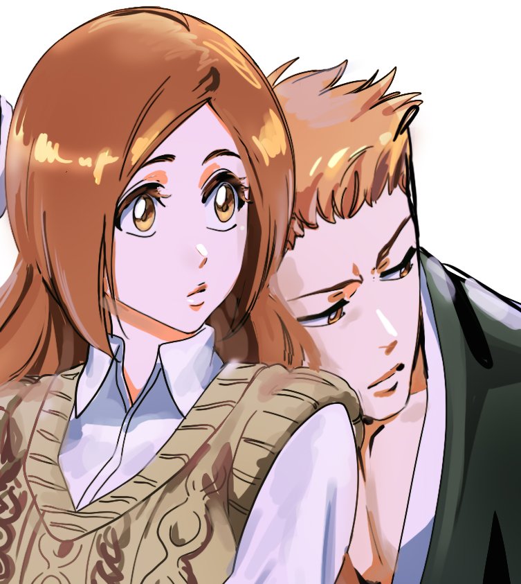 1boy 1girl bleach bleach:_epilogue brown_eyes brown_hair brown_vest collarbone collared_shirt couple english_commentary hetero inoue_orihime kurosaki_ichigo lips long_sleeves orange_hair rozuberry shirt short_hair upper_body vest white_shirt