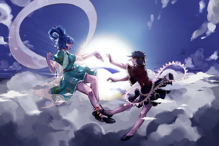 2girls above_clouds bangs black_footwear black_skirt blue_dress blue_hair blue_sky breasts cabbie_hat clouds collared_vest commentary day dress flying full_body hagoromo hair_rings hat jiangshi kaku_seiga lace-trimmed_sleeves lace_trim looking_at_another medium_breasts miyako_yoshika multiple_girls ofuda open_clothes open_mouth open_vest outdoors outstretched_arms puffy_short_sleeves puffy_sleeves purple_hair purple_headwear red_shirt rlwezar shawl shirt shoes short_sleeves skirt sky sparkle sun touhou vest wide_sleeves zombie_pose
