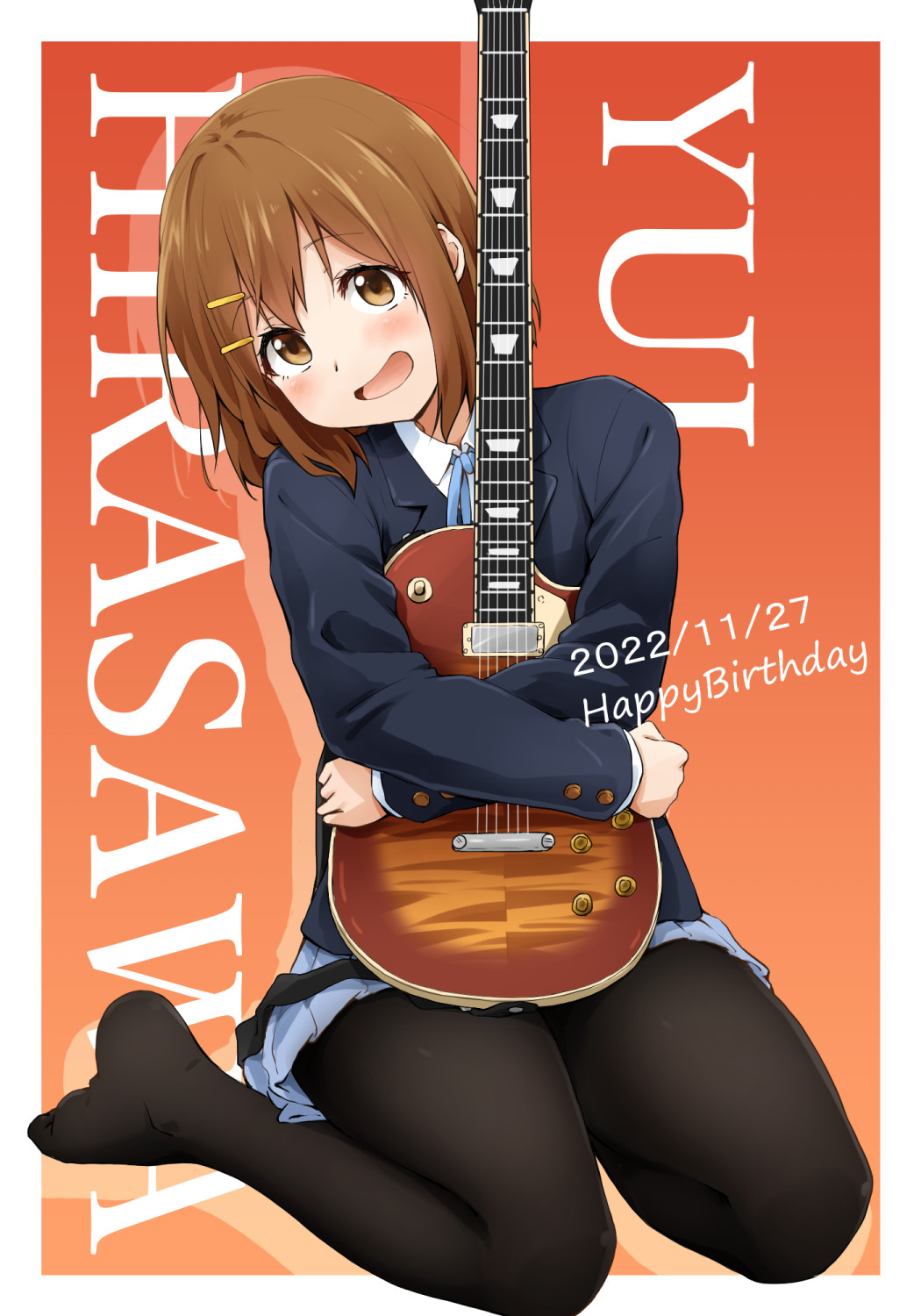 1girl :d bangs black_pantyhose blazer blue_jacket blue_ribbon blush brown_eyes brown_hair character_name collared_shirt commentary_request dated electric_guitar full_body grey_skirt guitar hair_ornament hairclip happy_birthday highres hirasawa_yui holding holding_instrument instrument jacket k-on! kagiana long_sleeves looking_at_viewer neck_ribbon object_hug open_mouth pantyhose pleated_skirt ribbon sakuragaoka_high_school_uniform school_uniform seiza shirt short_hair sitting skirt smile solo white_shirt winter_uniform