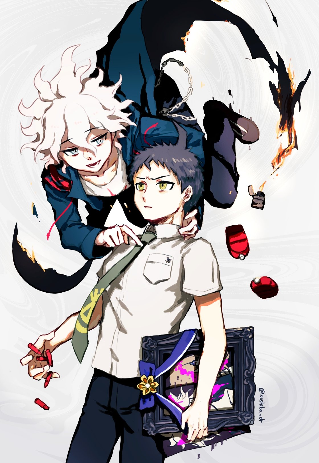 2boys :d ahoge badge bangs black_pants bottle breast_pocket brown_hair bullet chain collared_shirt cowboy_shot danganronpa_(series) danganronpa_2:_goodbye_despair fire green_jacket green_necktie grey_background grey_hair highres hinata_hajime holding_picture iei jacket komaeda_nagito lighter lower_teeth male_focus messy_hair multiple_boys necktie open_clothes open_jacket pants pocket shiny shiny_hair shirt shoes short_hair short_sleeves simple_background smile teeth tetose yellow_eyes