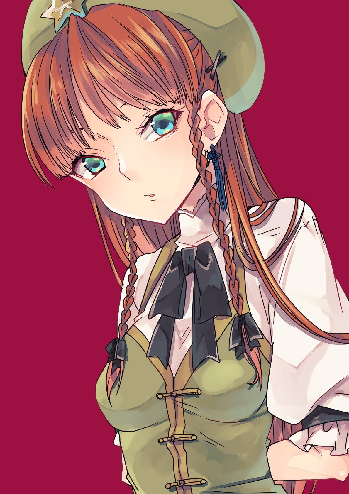 1girl bangs beret blunt_bangs braid china_dress chinese_clothes dress earrings green_dress green_eyes green_vest hat hat_ornament highres jewelry long_hair one-hour_drawing_challenge puffy_short_sleeves puffy_sleeves redhead short_sleeves star_(symbol) star_hat_ornament takahashi_kouta tangzhuang tassel tassel_earrings touhou twin_braids vest