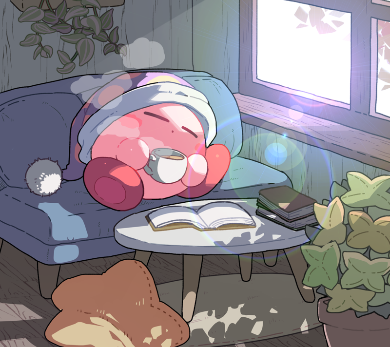 :o blush blush_stickers book book_stack closed_eyes closed_mouth coffee coffee_mug couch cup full_body hat holding holding_cup indoors kirby kirby_(series) lens_flare light_rays morning mug mutekyan nightcap no_humans on_couch open_book pillow plant pom_pom_(clothes) potted_plant purple_headwear red_footwear rug shoes sleeping star_pillow steam sunlight table window wooden_floor