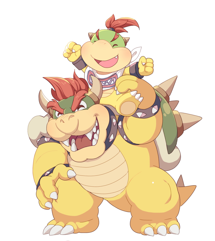 2boys :d ^_^ arm_up armlet arms_up bandana black_collar blush bowser bowser_jr. bracelet claws closed_eyes collar fang father_and_son full_body happy horns hoshikuzu_pan jewelry male_focus multiple_boys no_humans on_shoulder open_mouth redhead sharp_teeth shell simple_background smile spiked_armlet spiked_bracelet spiked_collar spiked_shell spiked_tail spikes standing super_mario_bros. tail teeth tongue white_background white_bandana