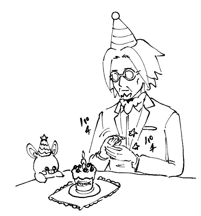 1boy azuko_(@zuco) birthday_cake cake candle clapping clavell_(pokemon) facial_hair food glasses hat mature_male monochrome party_hat pawmi pokemon pokemon_(creature) pokemon_(game) pokemon_sv round_eyewear