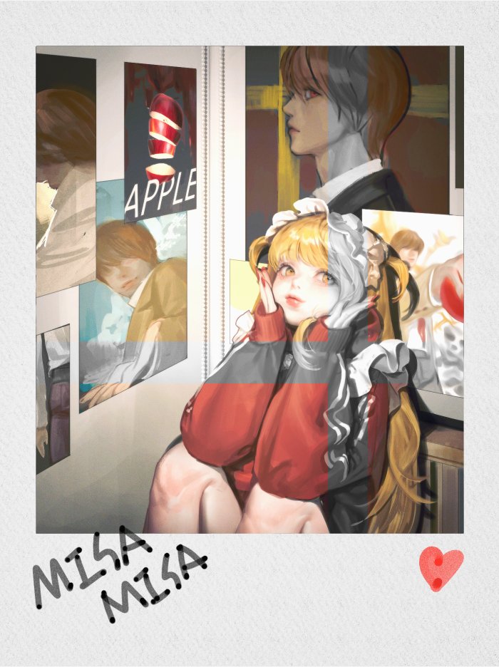 1girl amane_misa apple bangs blonde_hair character_name death_note food fruit hands_on_own_cheeks hands_on_own_face jacket jnkku long_hair long_sleeves looking_at_viewer maid_headdress photo_(object) picture_(object) polaroid poster_(object) red_jacket short_twintails sleeves_past_wrists solo twintails upper_body yagami_light yellow_eyes