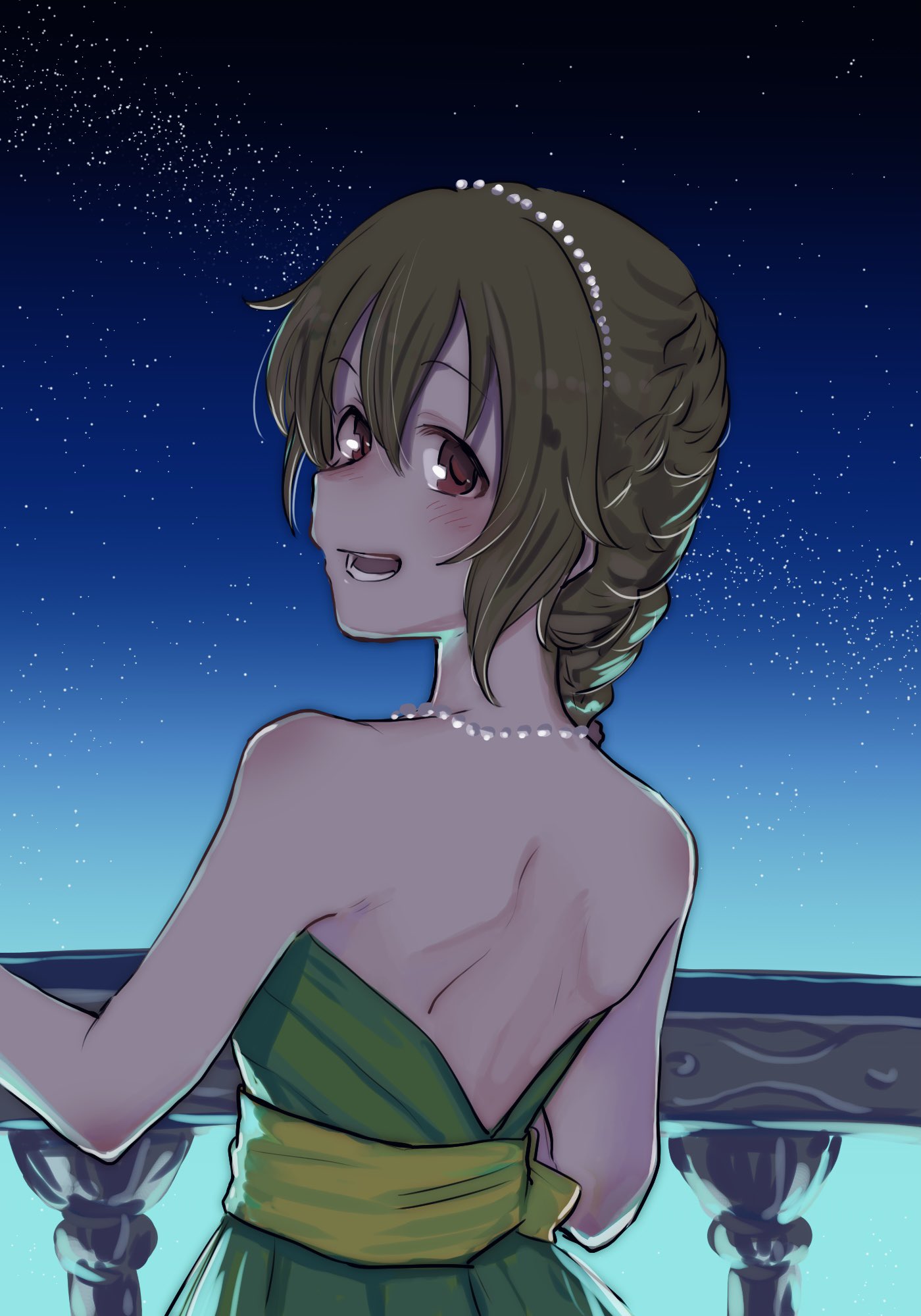 1girl back balcony bangs bare_shoulders blush braid brown_hair commentary_request diamond_hairband dress green_dress hair_between_eyes highres idolmaster idolmaster_cinderella_girls jewelry kyouno looking_at_viewer looking_back medium_hair necklace night night_sky open_mouth outdoors pearl_necklace red_eyes scapular senkawa_chihiro sky smile solo star_(sky) starry_sky strapless strapless_dress teeth upper_body