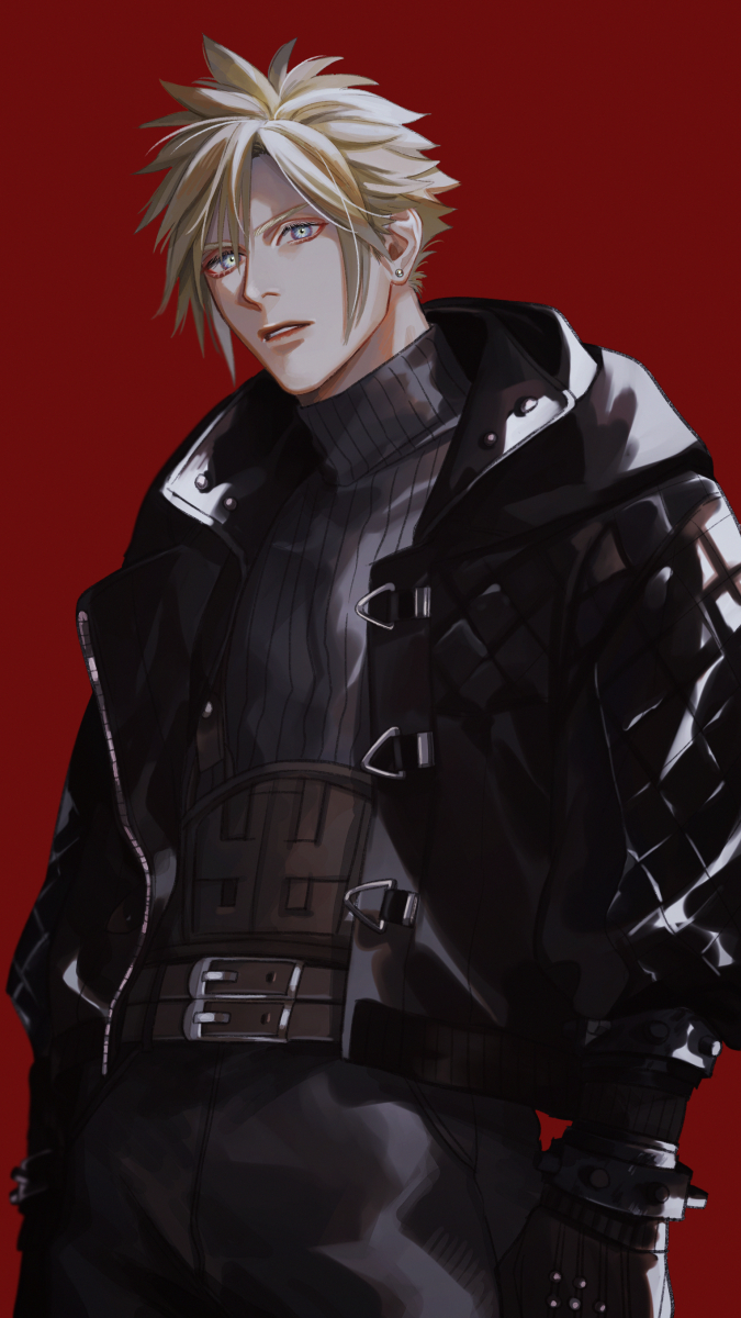 1boy belt biker_clothes black_gloves black_jacket blonde_hair blue_eyes blue_pants blue_shirt boooshow brown_belt cloud_strife cowboy_shot earrings final_fantasy final_fantasy_vii final_fantasy_vii_remake gloves hair_between_eyes highres jacket jewelry long_sleeves looking_at_viewer male_focus multiple_belts pants parted_lips red_background shirt short_hair single_earring solo spiky_hair sweater turtleneck turtleneck_sweater