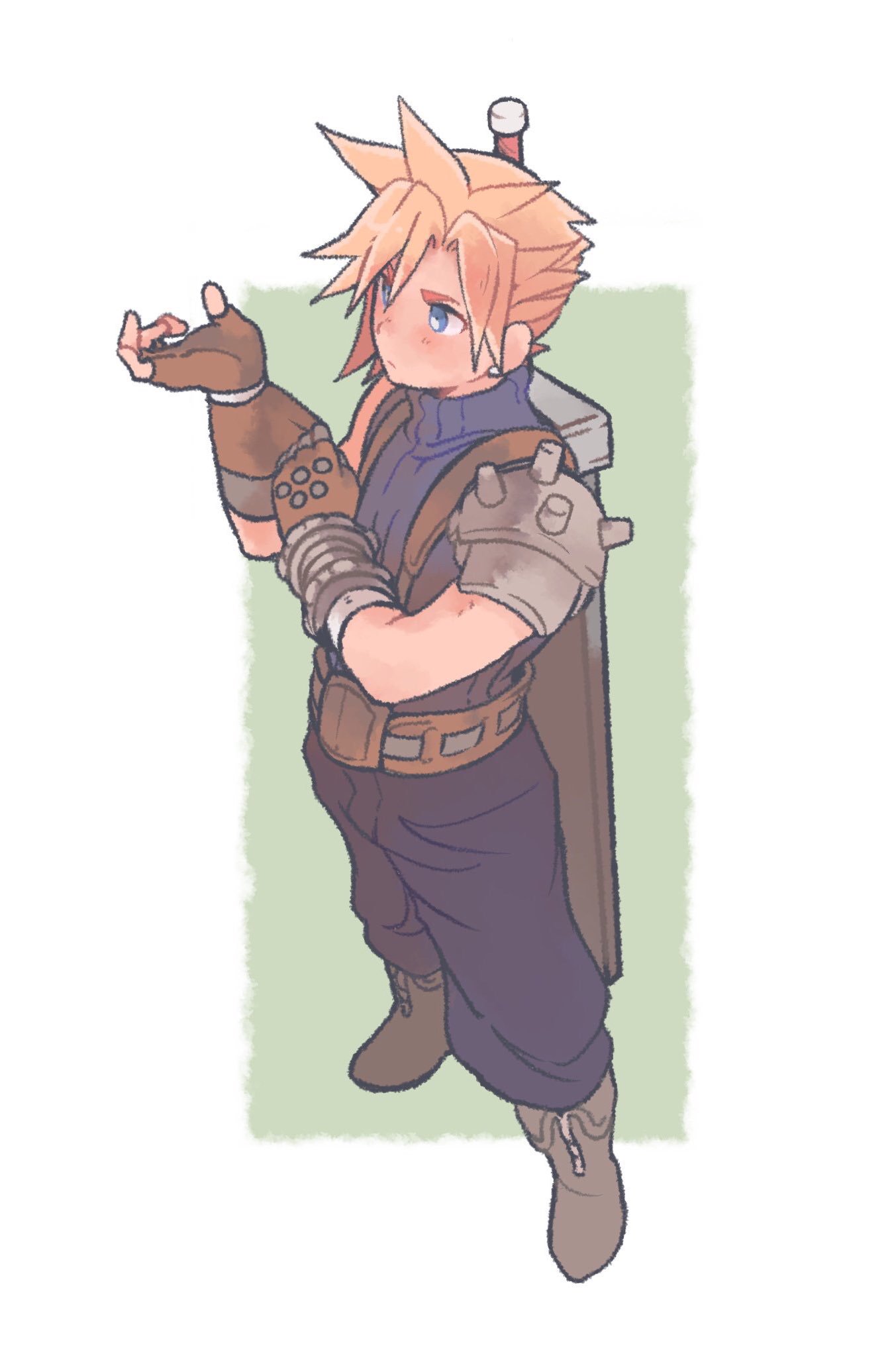 1boy adjusting_clothes adjusting_gloves armor baggy_pants bangs belt blonde_hair blue_eyes blue_pants blue_shirt boots border brown_belt brown_footwear brown_gloves buster_sword cloud_strife earrings final_fantasy final_fantasy_vii fingerless_gloves from_above gloves green_background hair_between_eyes highres jewelry male_focus pants parted_bangs shirt short_hair shoulder_armor single_earring sleeveless sleeveless_turtleneck solo_focus spiky_hair standing suspenders tasituma2 turtleneck weapon weapon_on_back