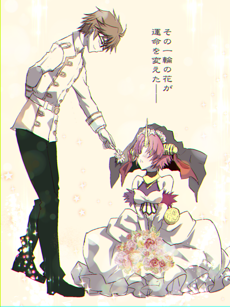 1boy 1girl bangs blue_eyes bouquet caules_forvedge_yggdmillennia coat dress fate/apocrypha fate/grand_order fate_(series) flower frankenstein's_monster_(fate) glasses hair_over_eyes holding holding_bouquet holding_flower horns looking_at_another looking_down mechanical_parts military military_uniform open_mouth pink_hair short_hair single_horn sitting smile standing tajima_yoshikazu uniform veil violet_eyes