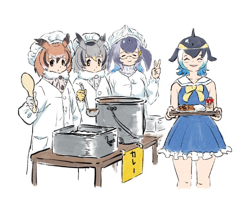 4girls ^_^ alternate_costume bare_shoulders bird_girl bird_wings black_hair blonde_hair blowhole blue_dress blue_hair blue_whale_(kemono_friends) blush bottle bow bowtie brown_eyes brown_hair cetacean_tail chef_hat chef_uniform closed_eyes commentary_request common_dolphin_(kemono_friends) curry curry_rice dolphin_girl dorsal_fin dress eurasian_eagle_owl_(kemono_friends) food frilled_dress frills fur_collar grey_hair grey_sweater greyscale hat hatch_(hatch_box) head_wings kemono_friends ladle long_hair milk_bottle monochrome multicolored_hair multiple_girls northern_white-faced_owl_(kemono_friends) owl_ears rice sailor_dress semi-rimless_eyewear short_hair sleeveless spoon stock_pot sweater translation_request turtleneck turtleneck_sweater v whale_girl white_fur wings yellow_bow yellow_bowtie yellow_eyes