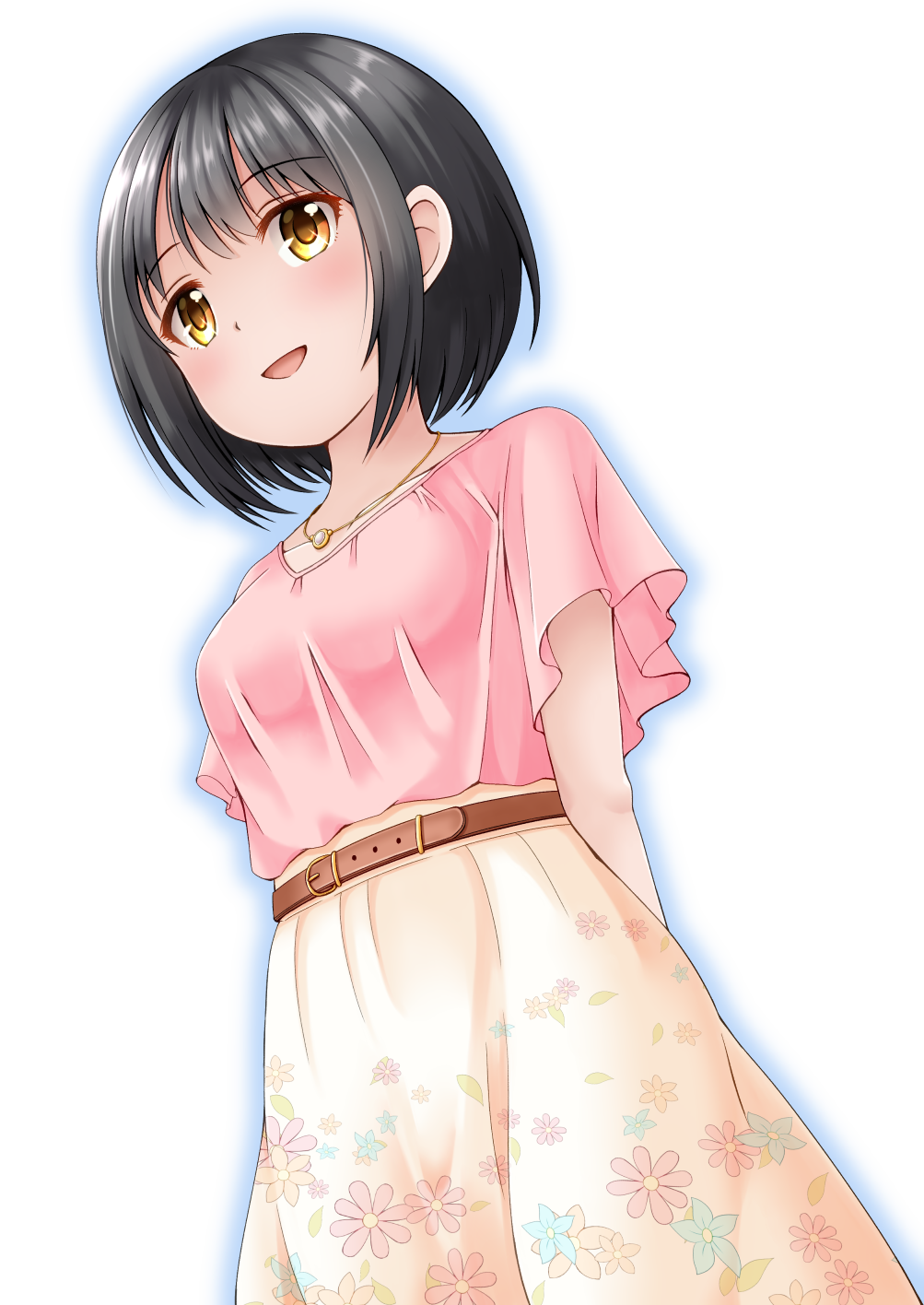 1girl :d arms_behind_back belt belt_buckle black_hair blue_outline breasts brown_belt brown_eyes brown_skirt buckle collarbone floral_print highres idolmaster idolmaster_cinderella_girls looking_away outline pink_shirt print_skirt regular_mow shirt short_sleeves simple_background skirt small_breasts smile solo takafuji_kako white_background