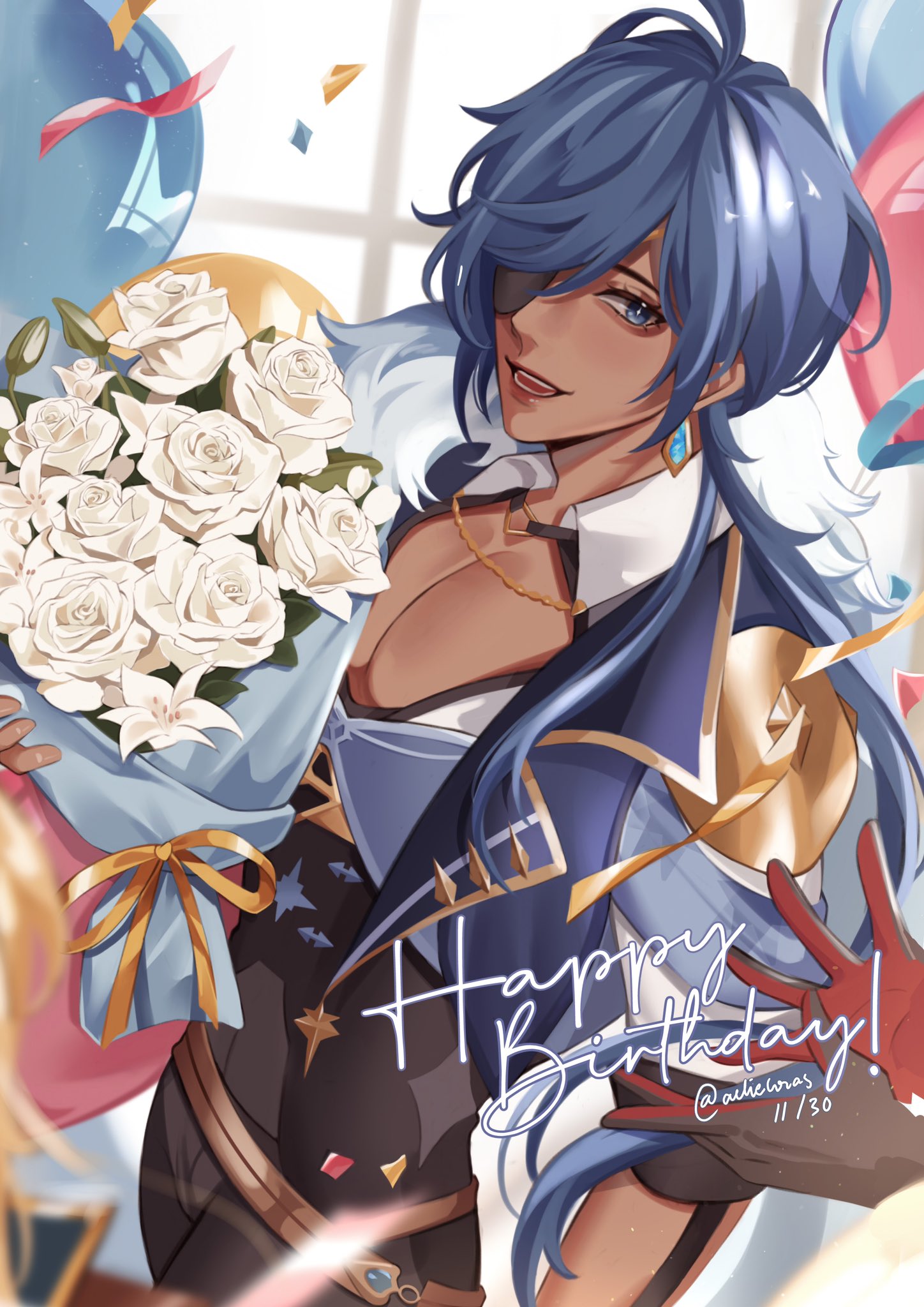 1boy archieloras bangs blue_eyes blue_hair cape dark-skinned_male dark_skin earrings eyepatch flower fur-trimmed_cape fur_trim genshin_impact gloves hair_between_eyes happy_birthday highres jewelry kaeya_(genshin_impact) long_hair male_focus open_mouth rose single_earring twitter_username white_flower white_rose