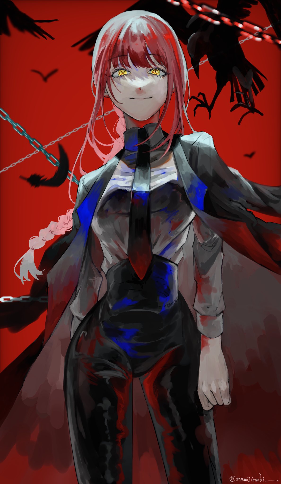 1girl bangs bird black_necktie braid braided_ponytail chainsaw chainsaw_man coat coat_on_shoulders collared_shirt crow dark highres kae_de_(k_momiji1537) long_hair looking_at_viewer makima_(chainsaw_man) necktie red_background red_theme ringed_eyes shirt shirt_tucked_in simple_background smile solo white_shirt yellow_eyes